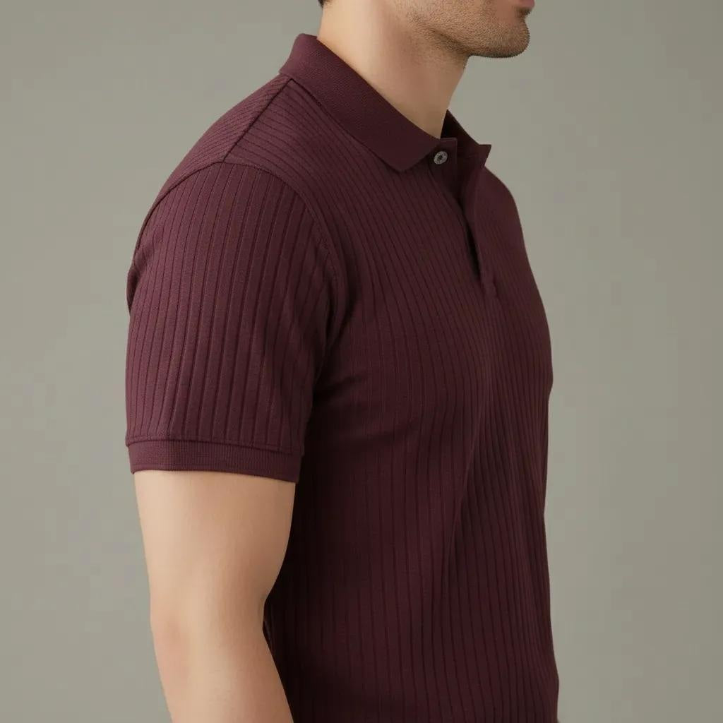 Men Wine Polo Collar Solid T-shirt