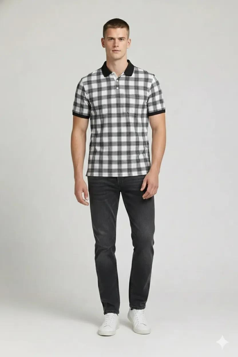 Men Black Currant Checked Polo Collar T-shirt