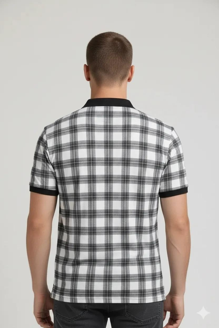 Men Black Currant Checked Polo Collar T-shirt
