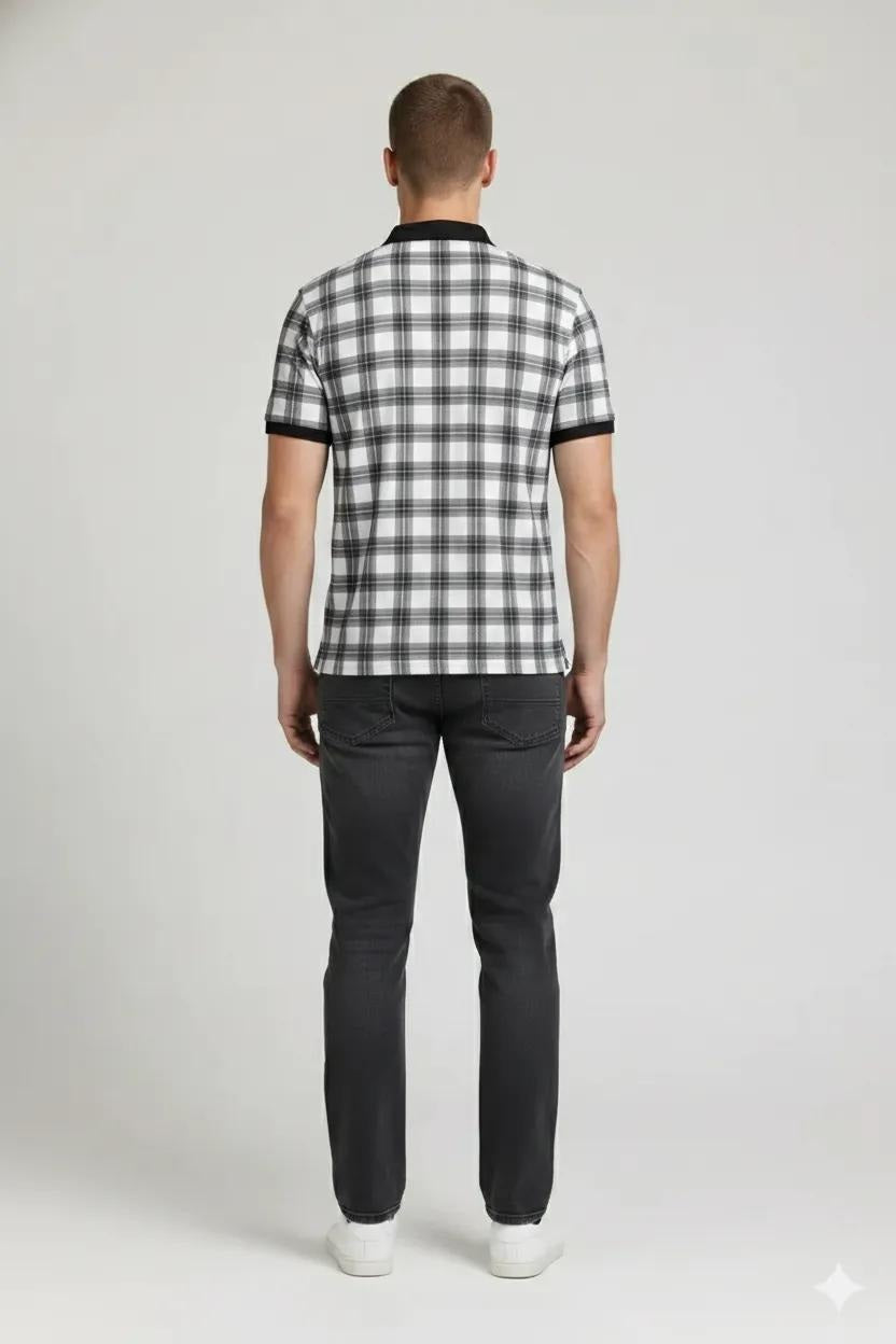 Men Black Currant Checked Polo Collar T-shirt