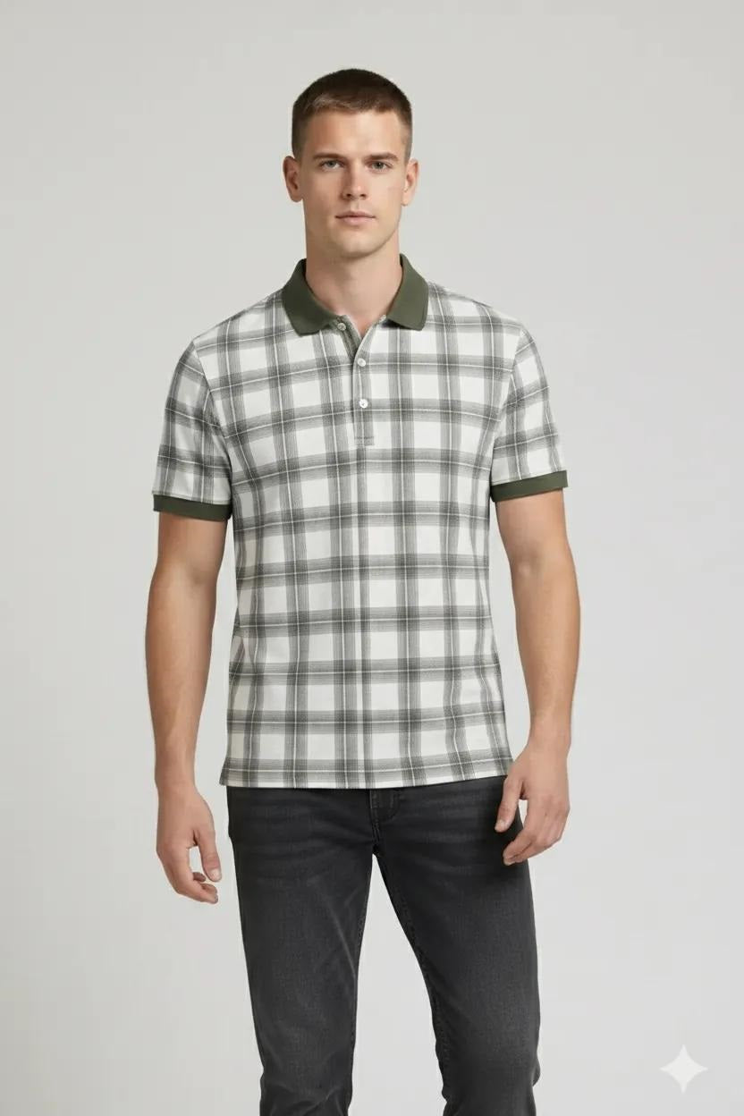 Men Olive Checked Polo Collar T-shirt