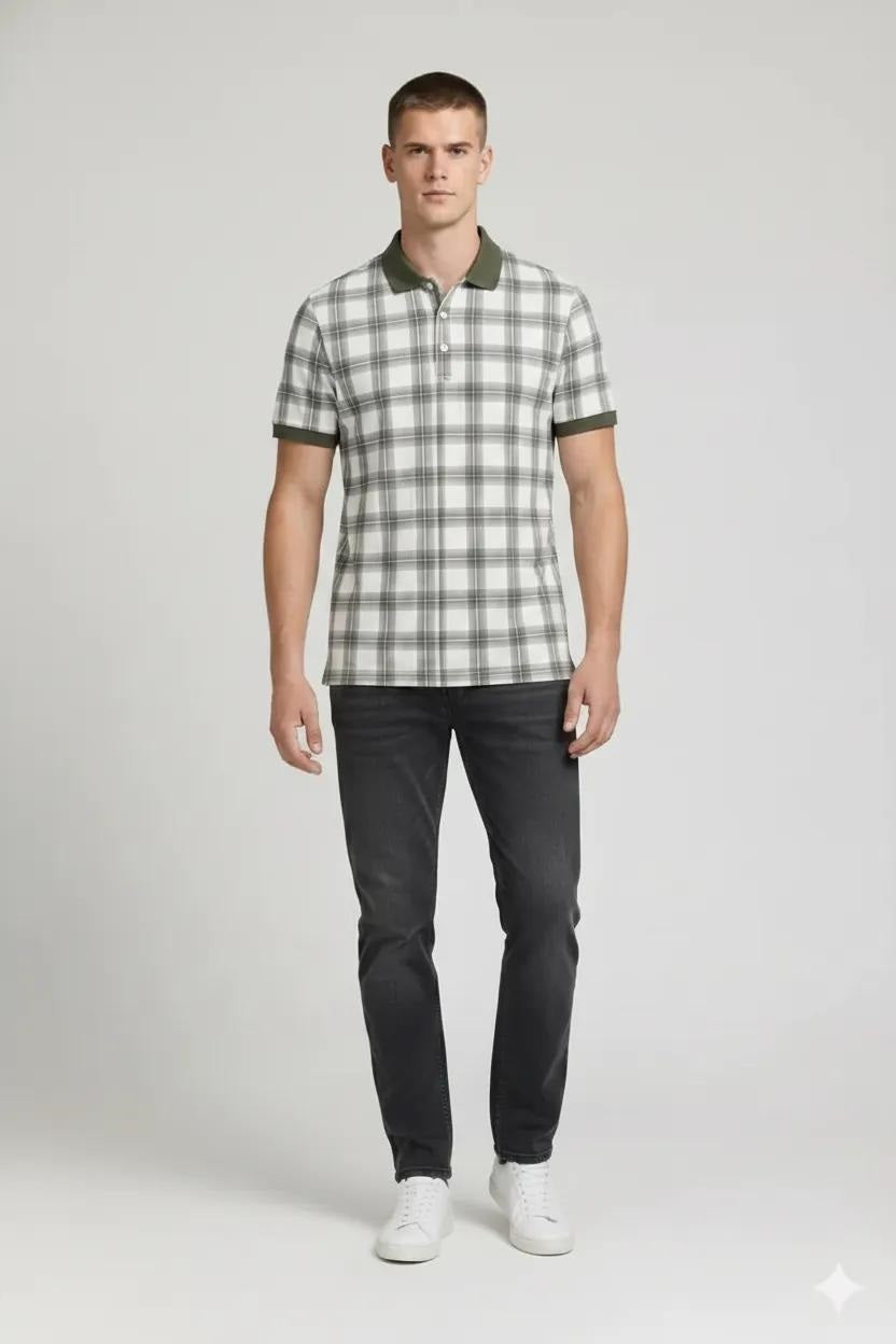 Men Olive Checked Polo Collar T-shirt