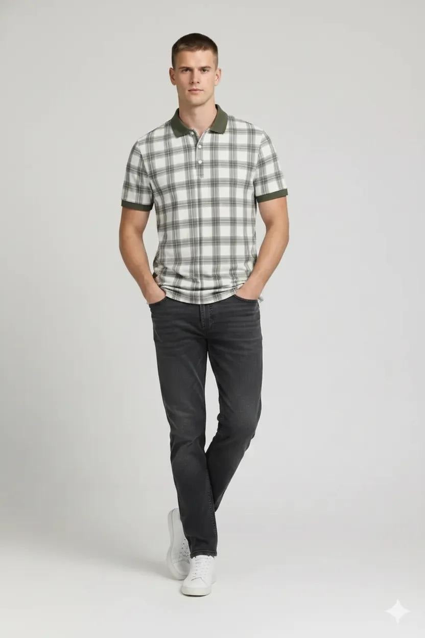 Men Olive Checked Polo Collar T-shirt