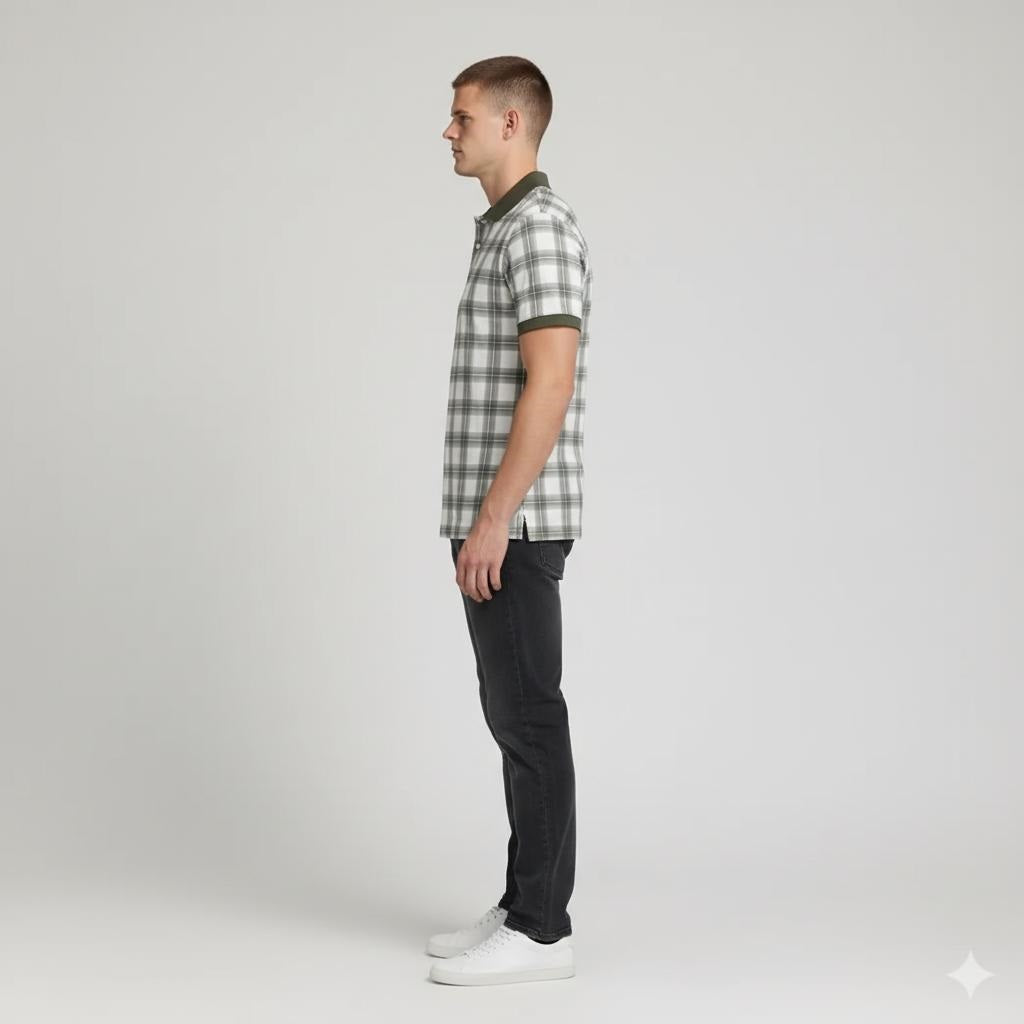 Men Olive Checked Polo Collar T-shirt
