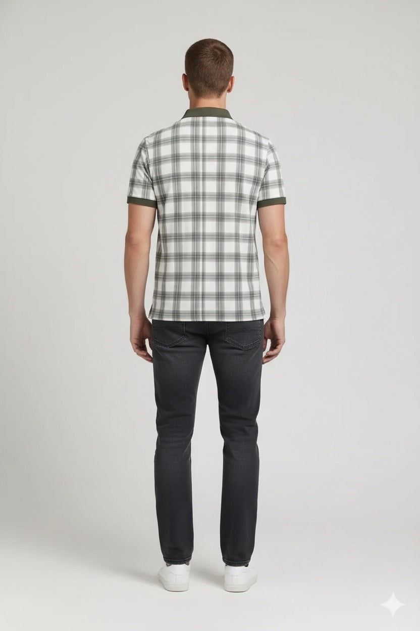 Men Olive Checked Polo Collar T-shirt