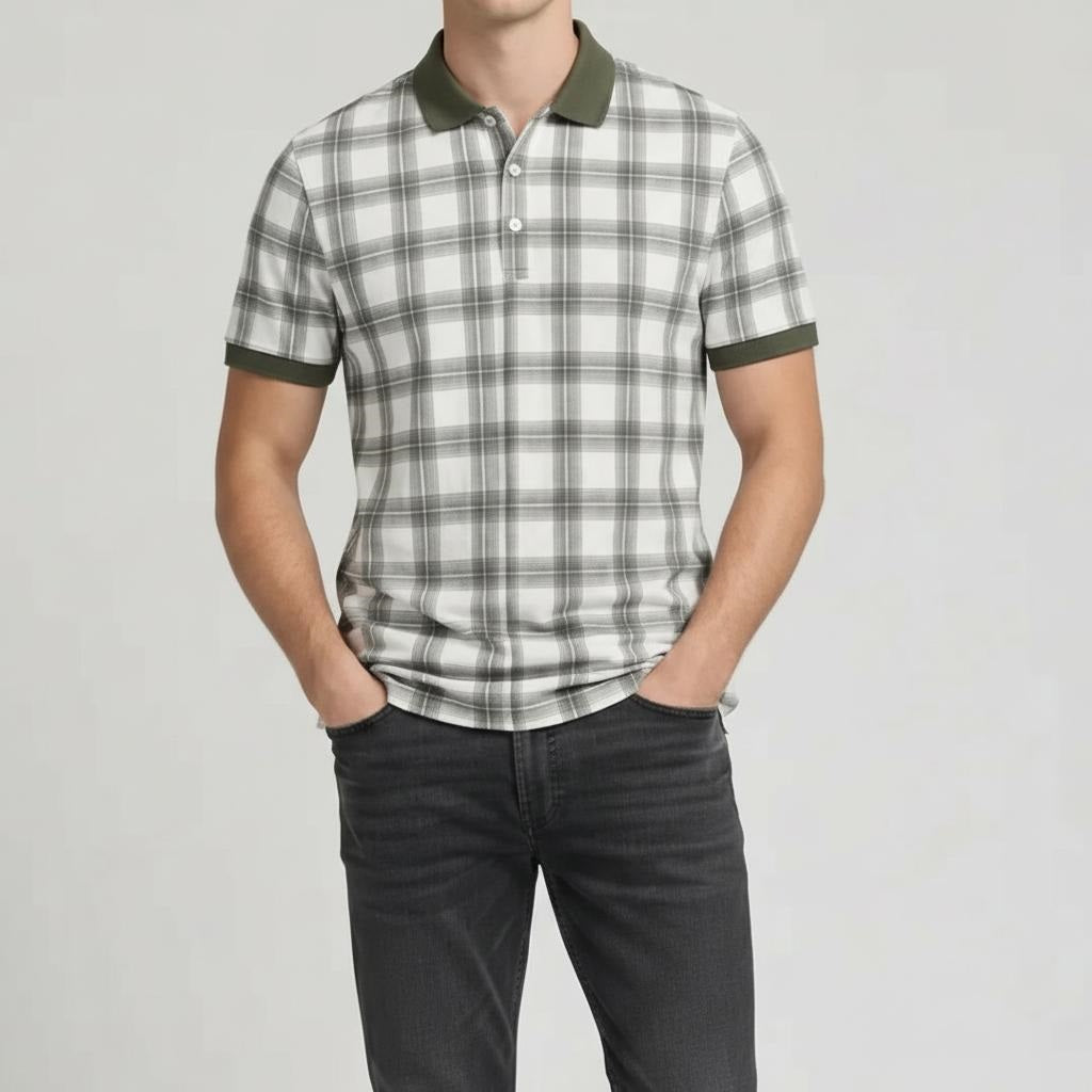 Men Olive Checked Polo Collar T-shirt