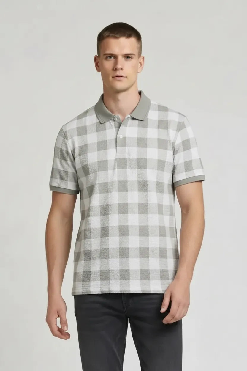 Men Sage Checked Polo Collar T-shirt