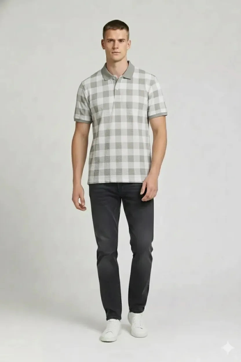 Men Sage Checked Polo Collar T-shirt