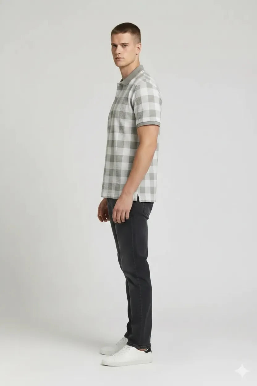 Men Sage Checked Polo Collar T-shirt