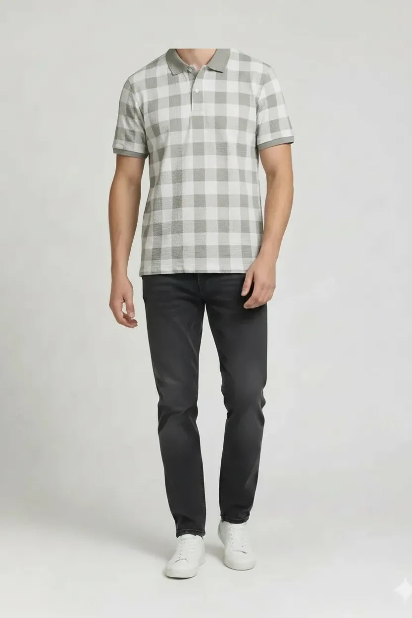 Men Sage Checked Polo Collar T-shirt