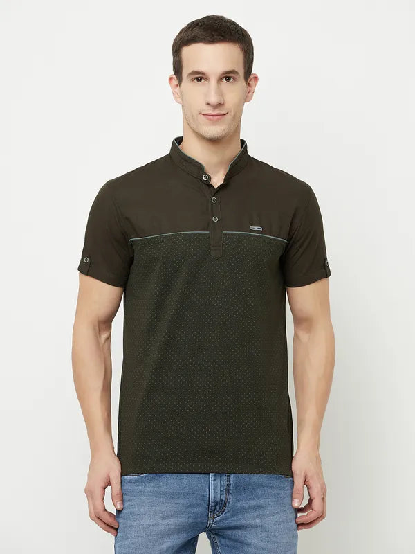 Octave Men Olive Green Mandarin Collar T-shirt