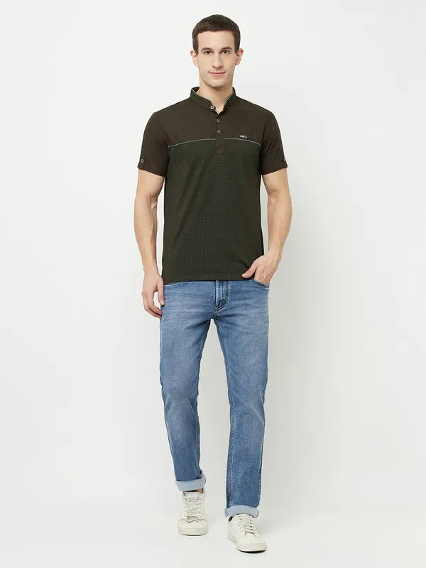 Octave Men Olive Green Mandarin Collar T-Shirt
