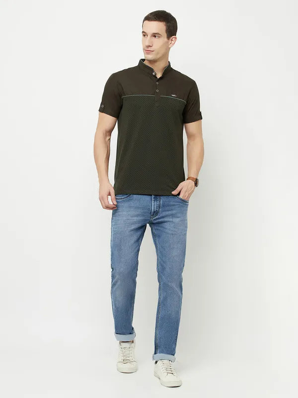 Octave Men Olive Green Mandarin Collar T-Shirt
