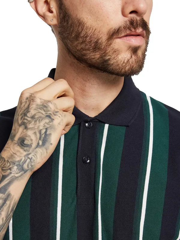 Octave Men Striped Polo Collar Pure Cotton T-Shirt