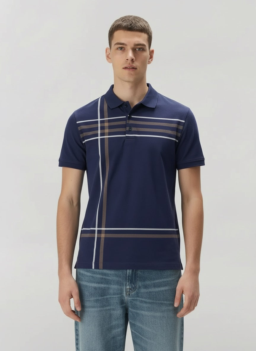 Men Navy Striped Polo Collar T-shirt