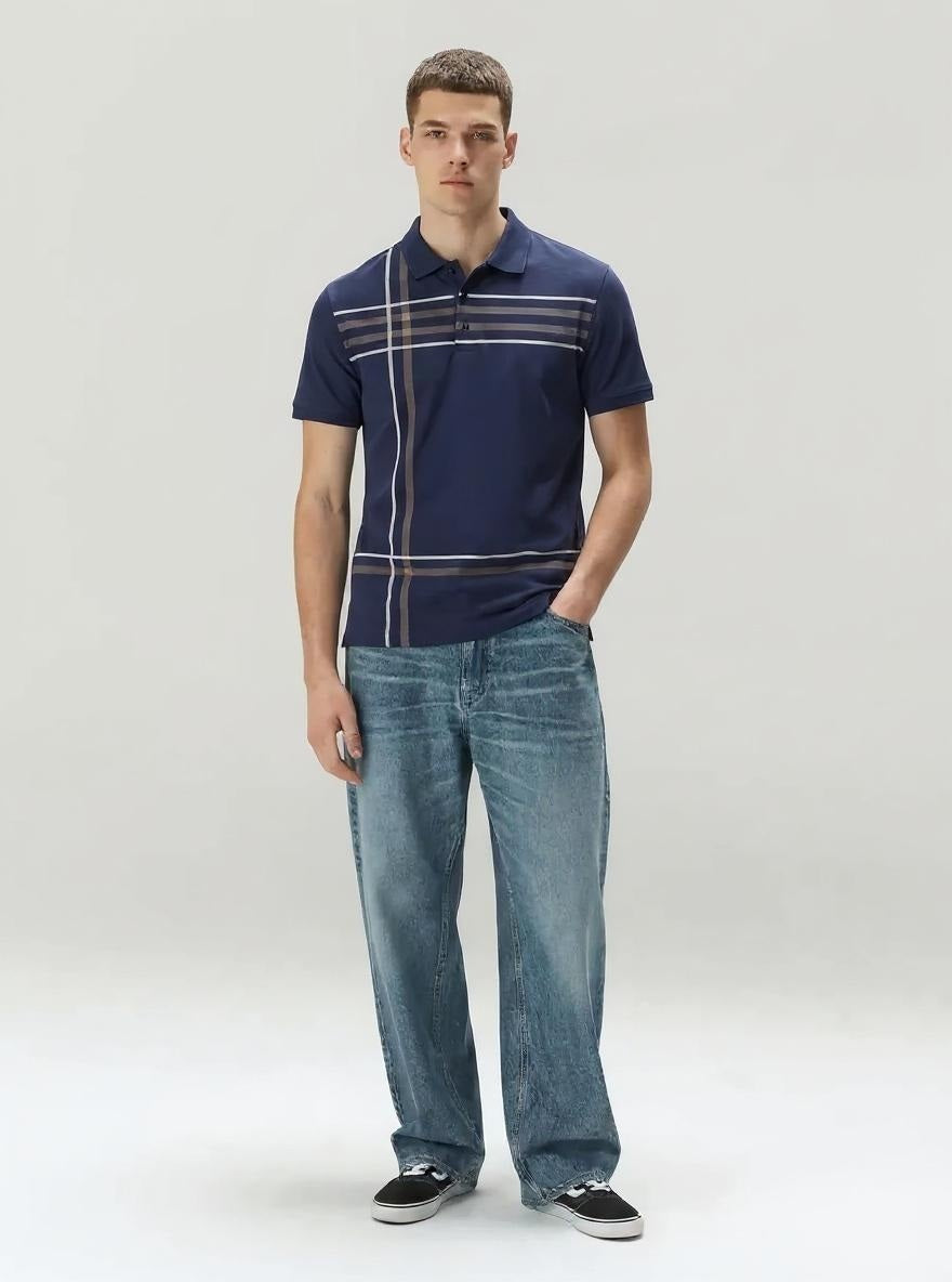 Men Navy Striped Polo Collar T-shirt