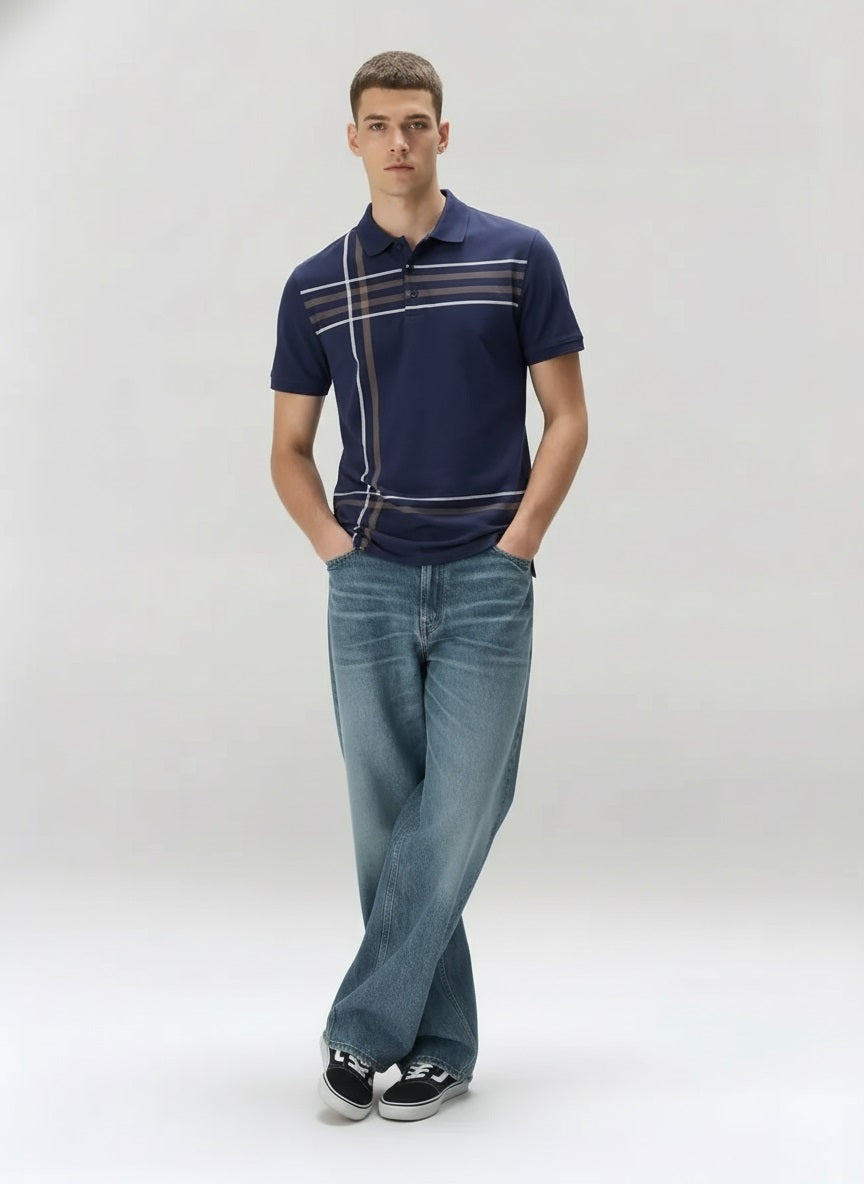 Men Navy Striped Polo Collar T-shirt