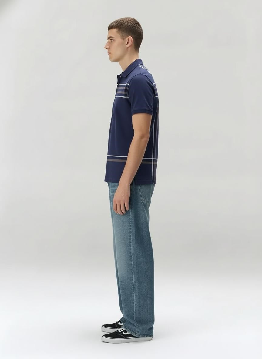 Men Navy Striped Polo Collar T-shirt