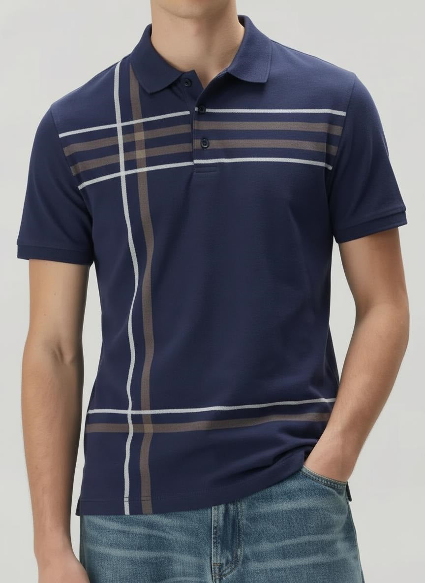 Men Navy Striped Polo Collar T-shirt
