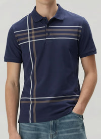 Men Navy Striped Polo Collar T-shirt