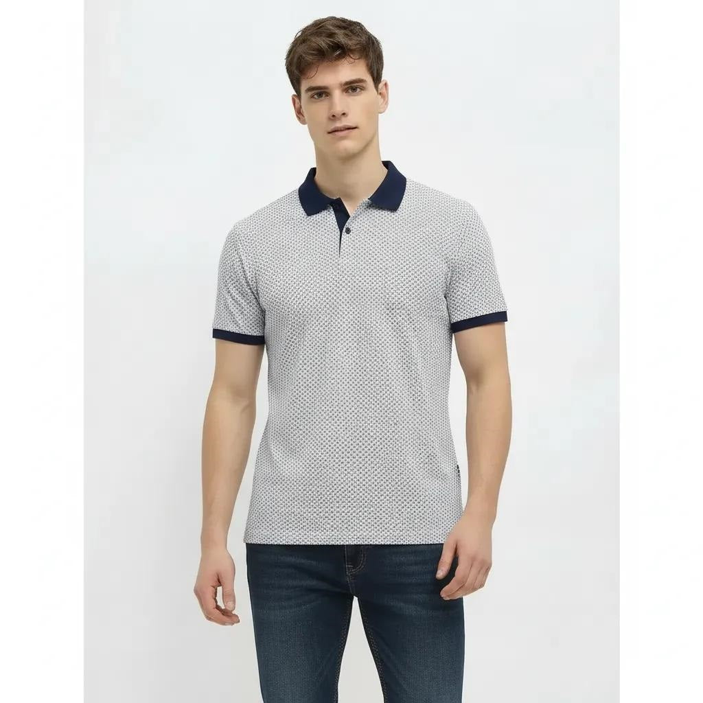 Men Navy Polo Collar Self Design T-shirt