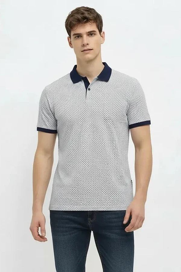 Men Polo Collar Self Design T-shirt