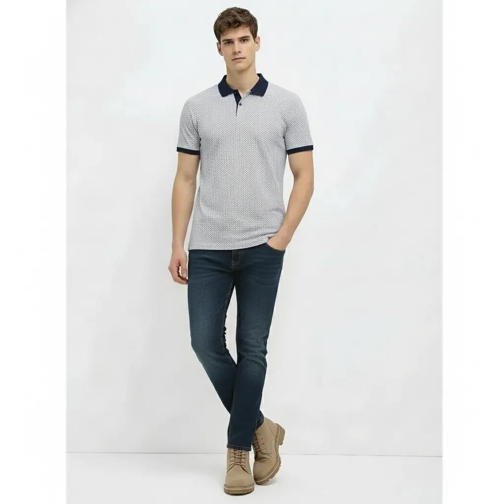 Men Navy Polo Collar Self Design T-shirt