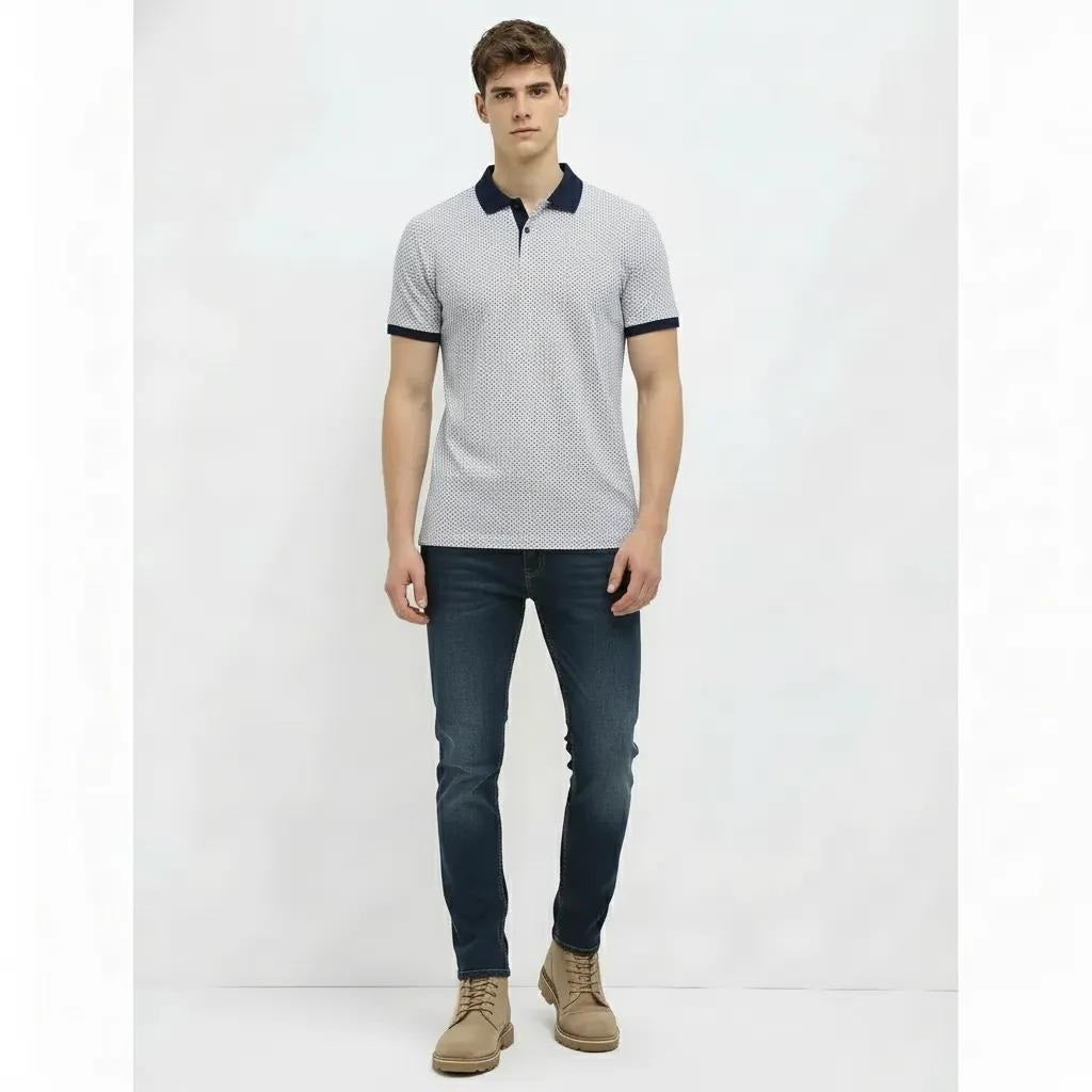 Men Navy Polo Collar Self Design T-shirt