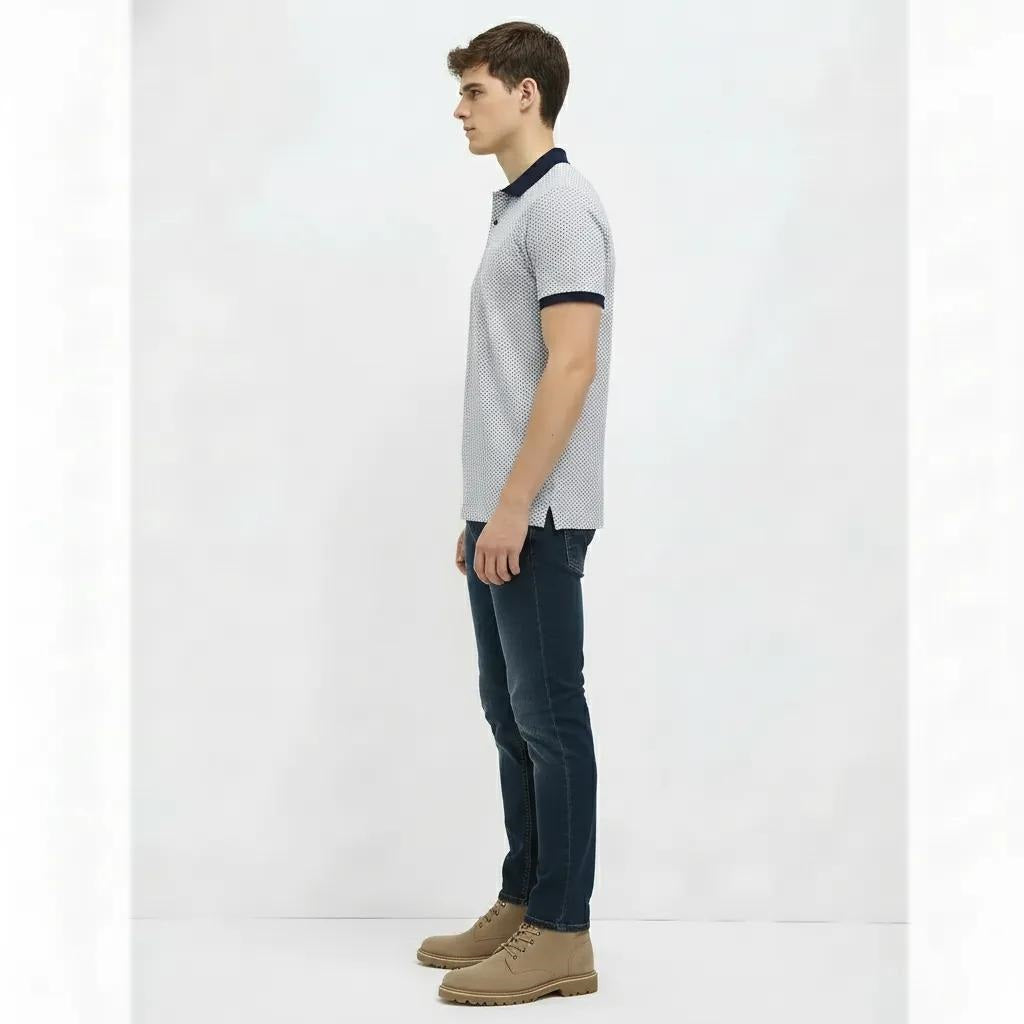 Men Navy Polo Collar Self Design T-shirt