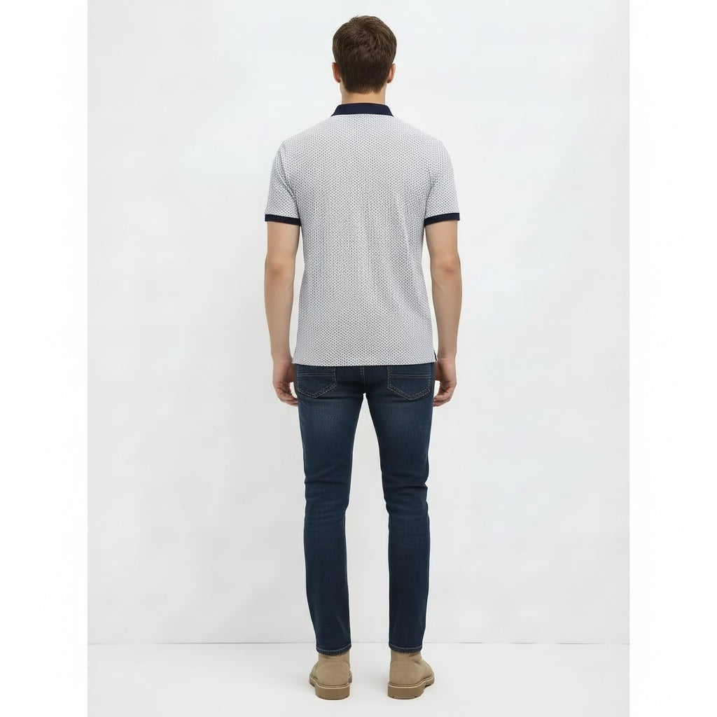 Men Navy Polo Collar Self Design T-shirt