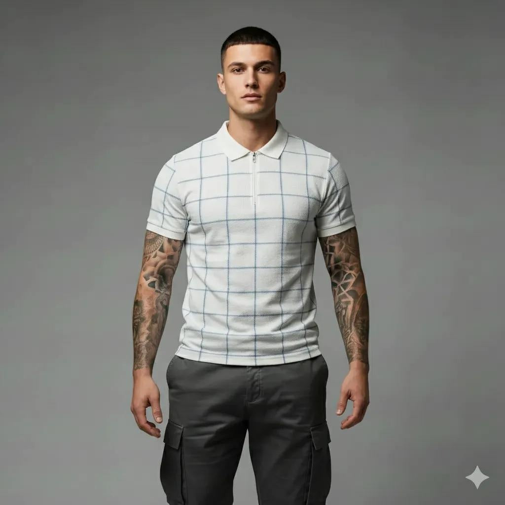 Men Sky Checked Polo Collar T-shirt