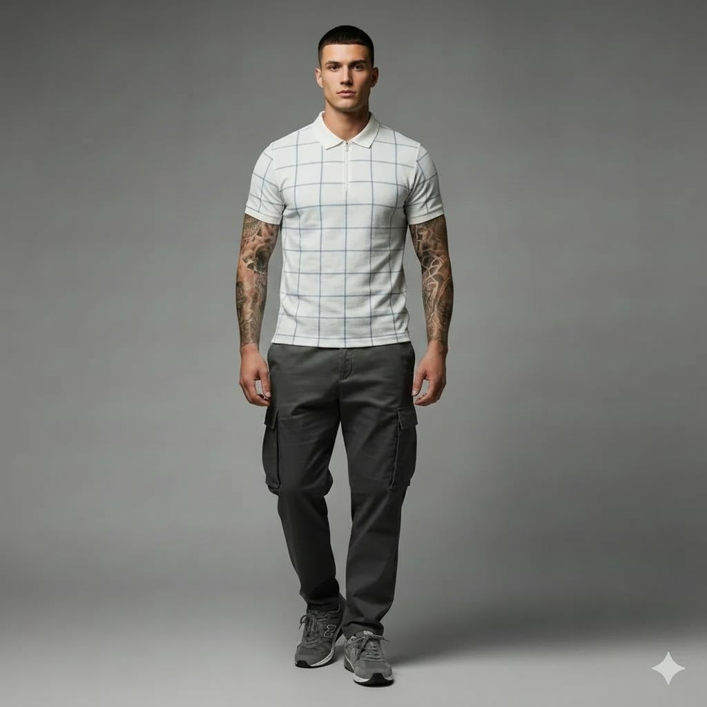 Men Sky Checked Polo Collar T-shirt