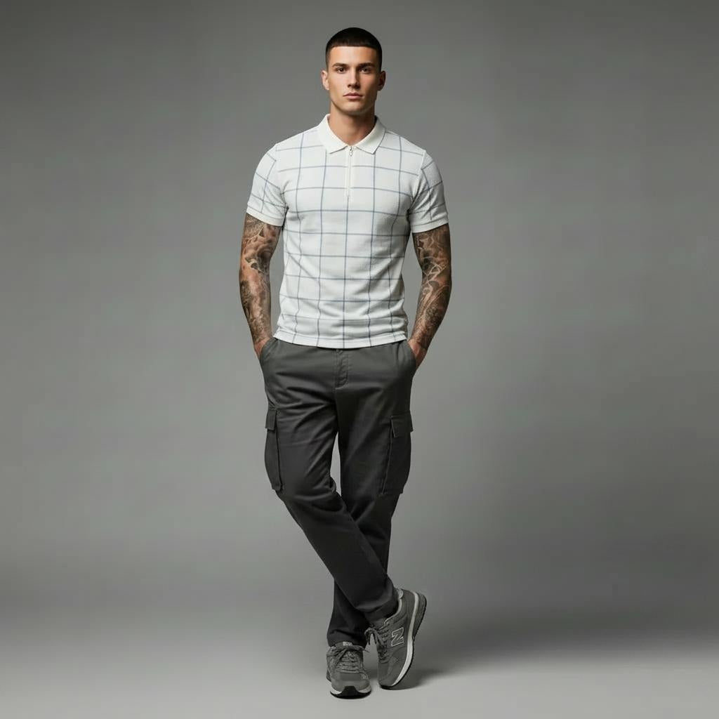 Men Sky Checked Polo Collar T-shirt