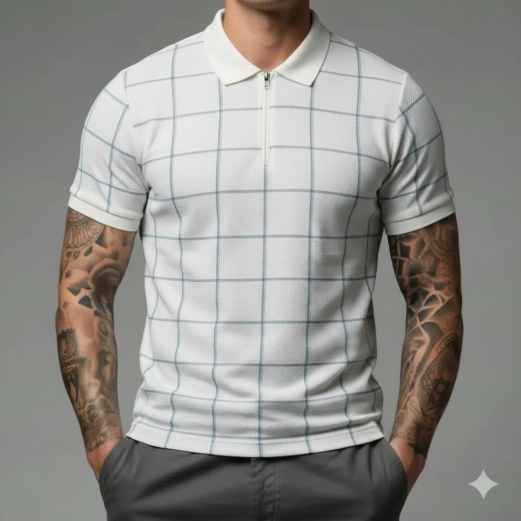 Men Sky Checked Polo Collar T-shirt