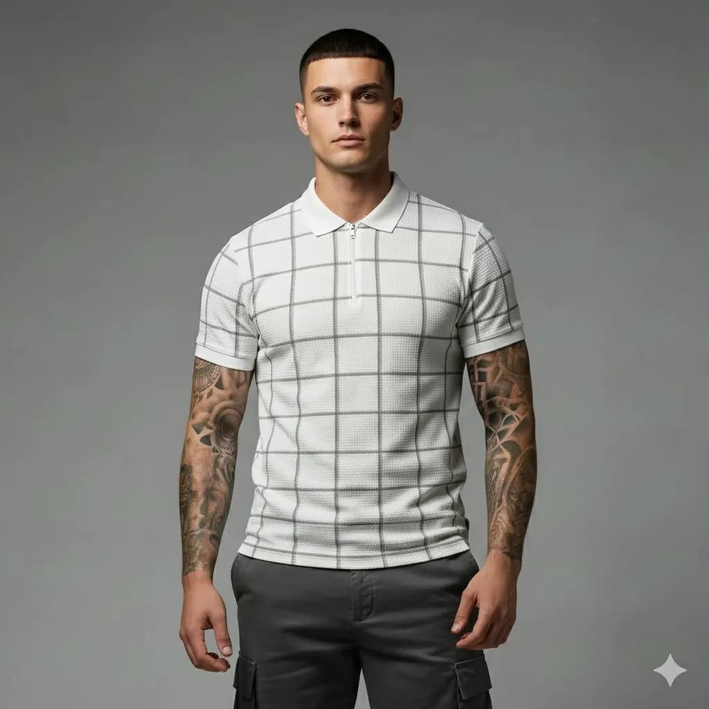 Men Stone Checked Polo Collar T-shirt