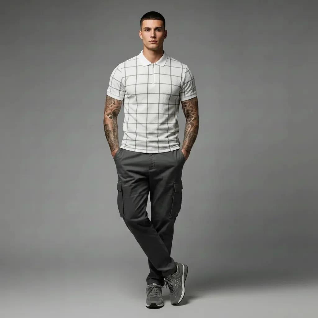 Men Stone Checked Polo Collar T-shirt