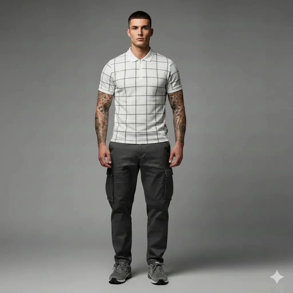 Men Stone Checked Polo Collar T-shirt