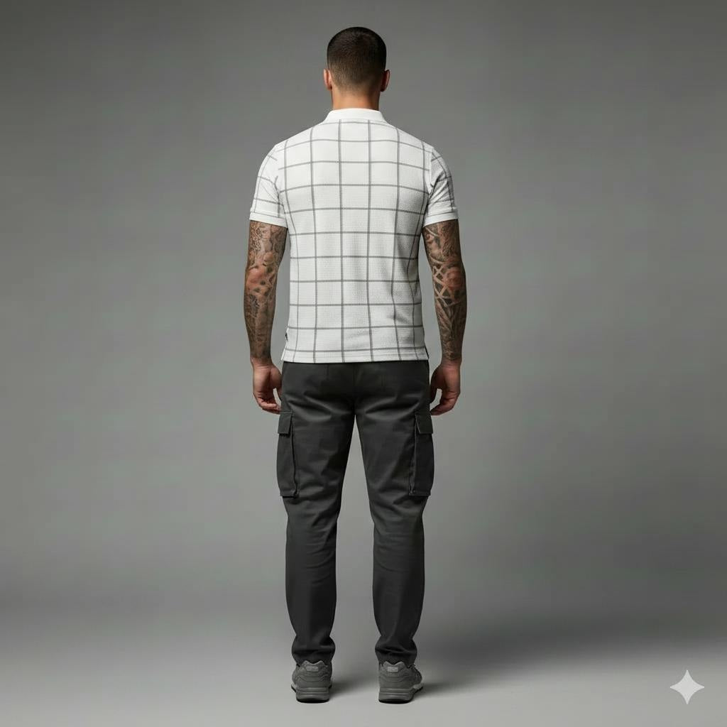 Men Stone Checked Polo Collar T-shirt