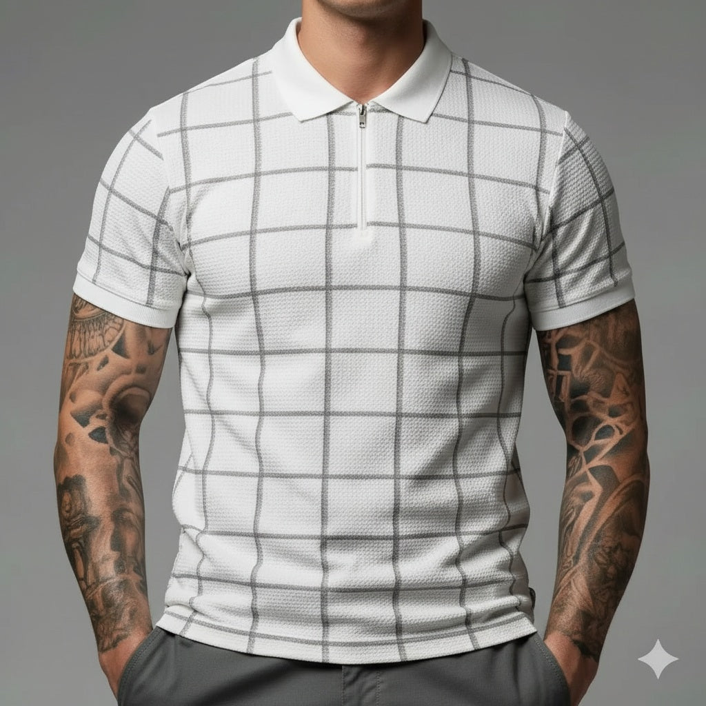 Men Stone Checked Polo Collar T-shirt