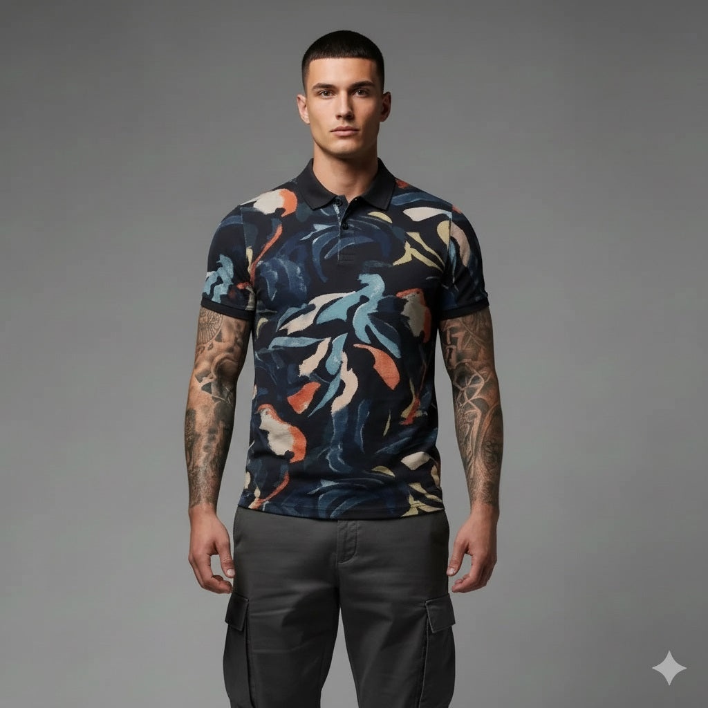 Men Black Printed Polo Collar T-shirt
