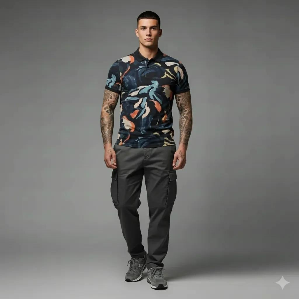 Men Black Printed Polo Collar T-shirt