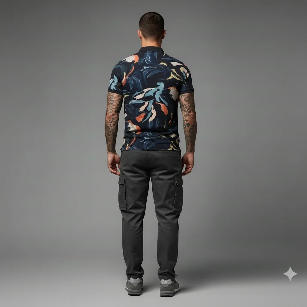 Men Black Printed Polo Collar T-shirt