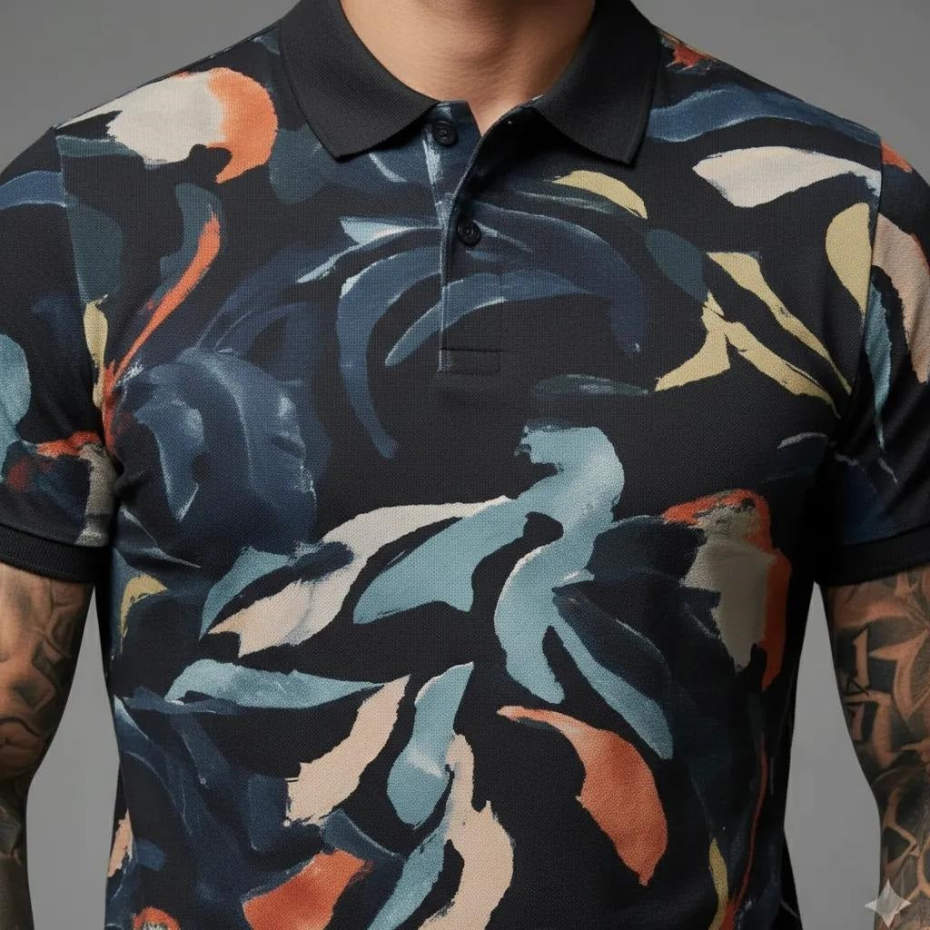Men Black Printed Polo Collar T-shirt