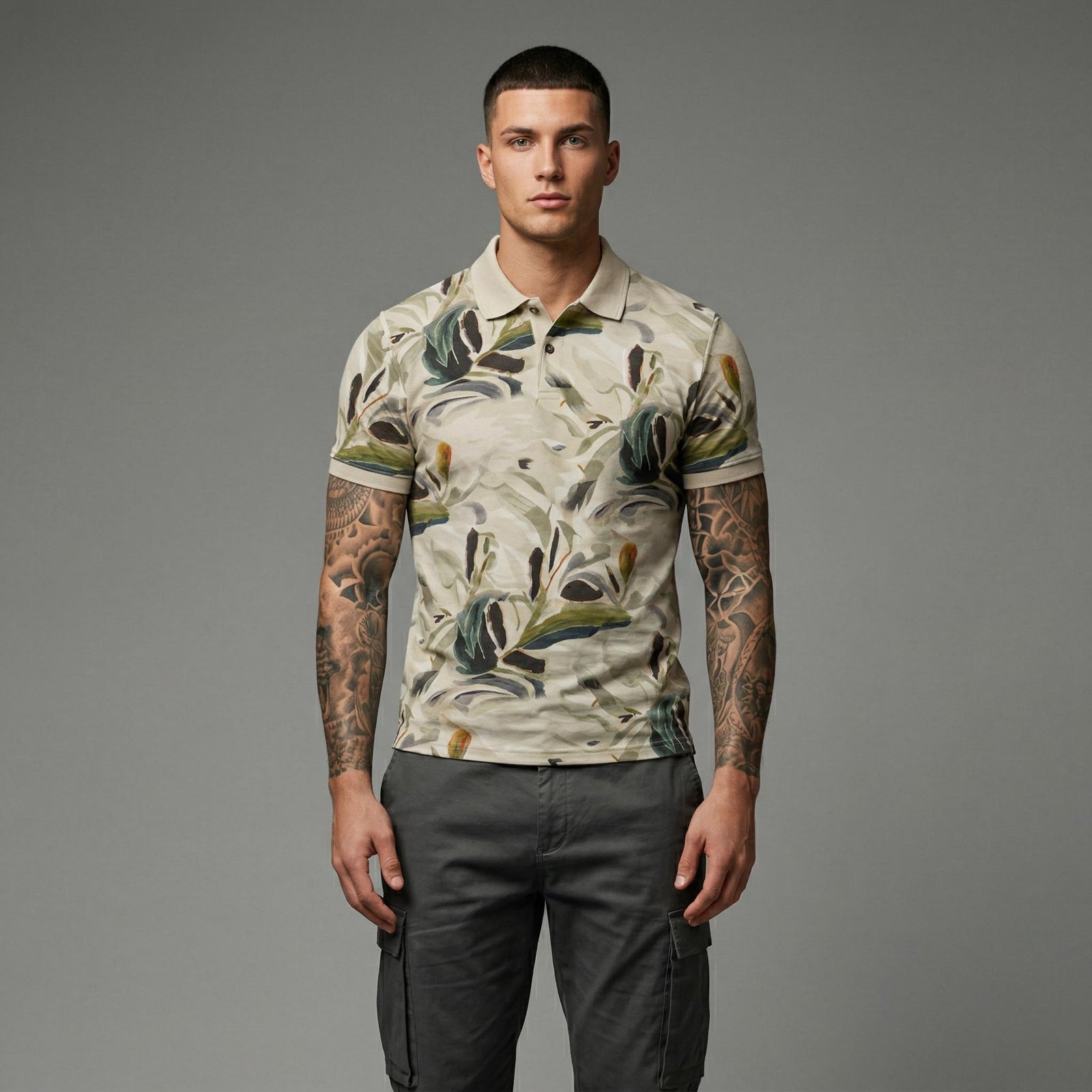 Men Pristine Floral Printed Polo Collar Tropical T-shirt