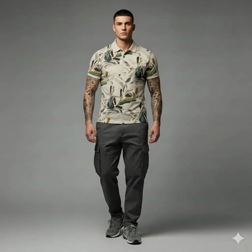 Men Pristine Floral Printed Polo Collar Tropical T-shirt
