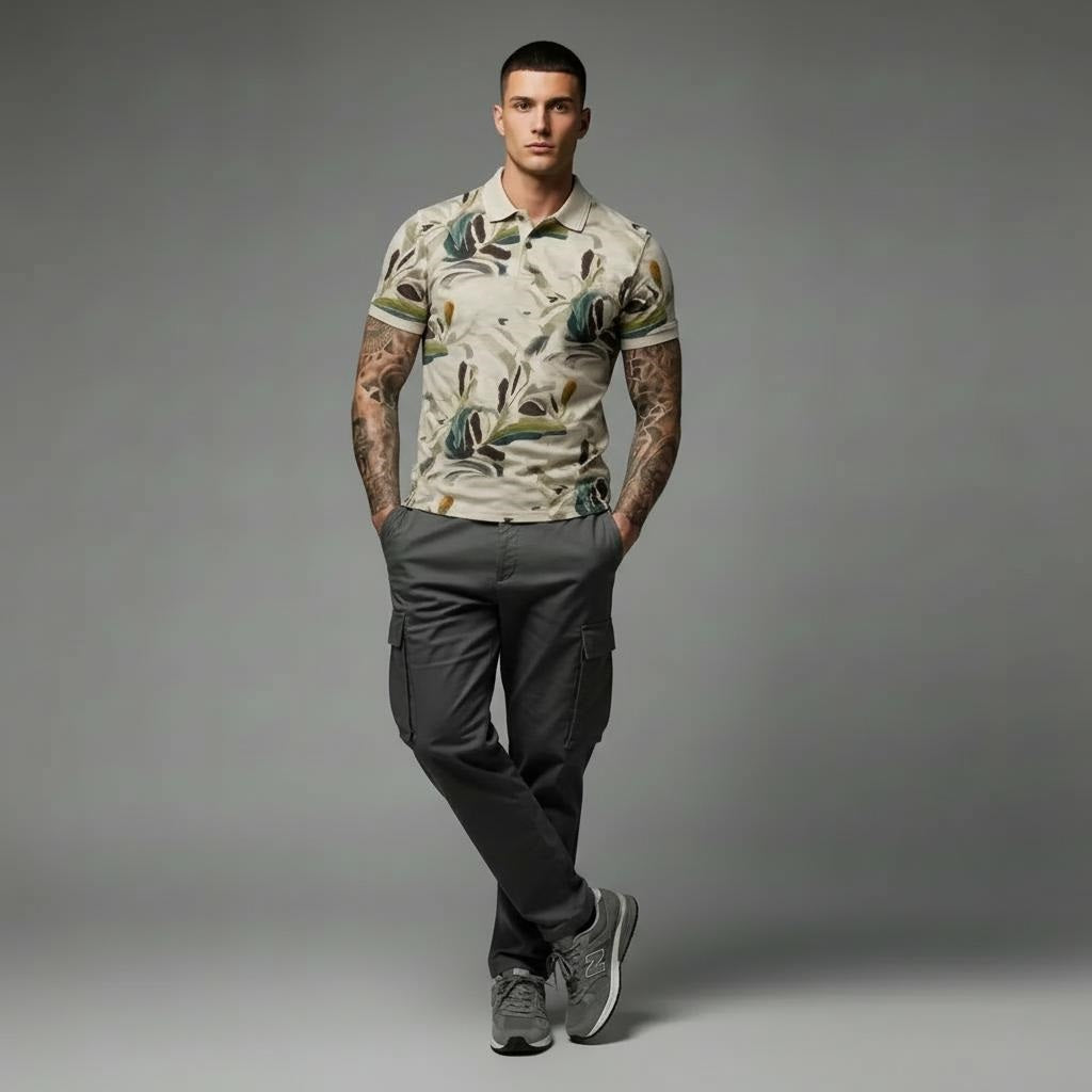 Men Pristine Floral Printed Polo Collar Tropical T-shirt