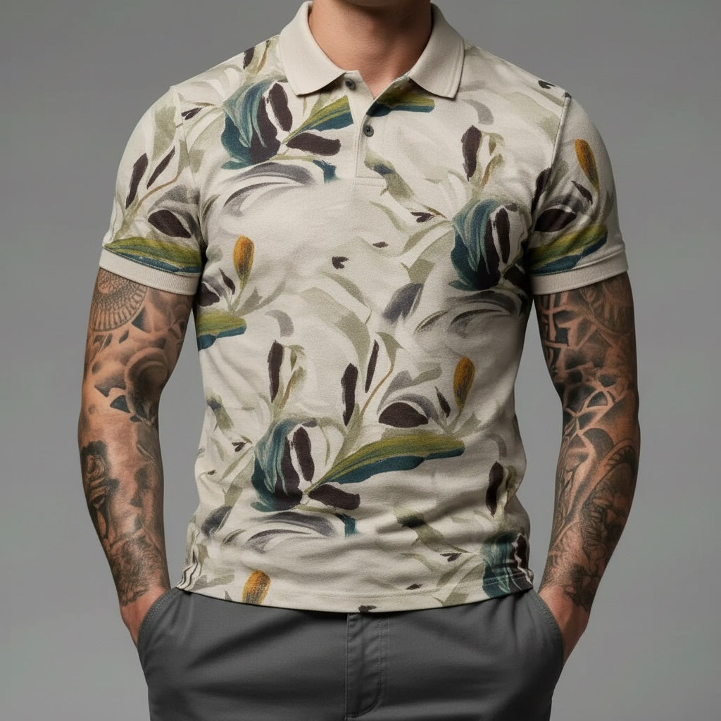 Men Pristine Floral Printed Polo Collar Tropical T-shirt