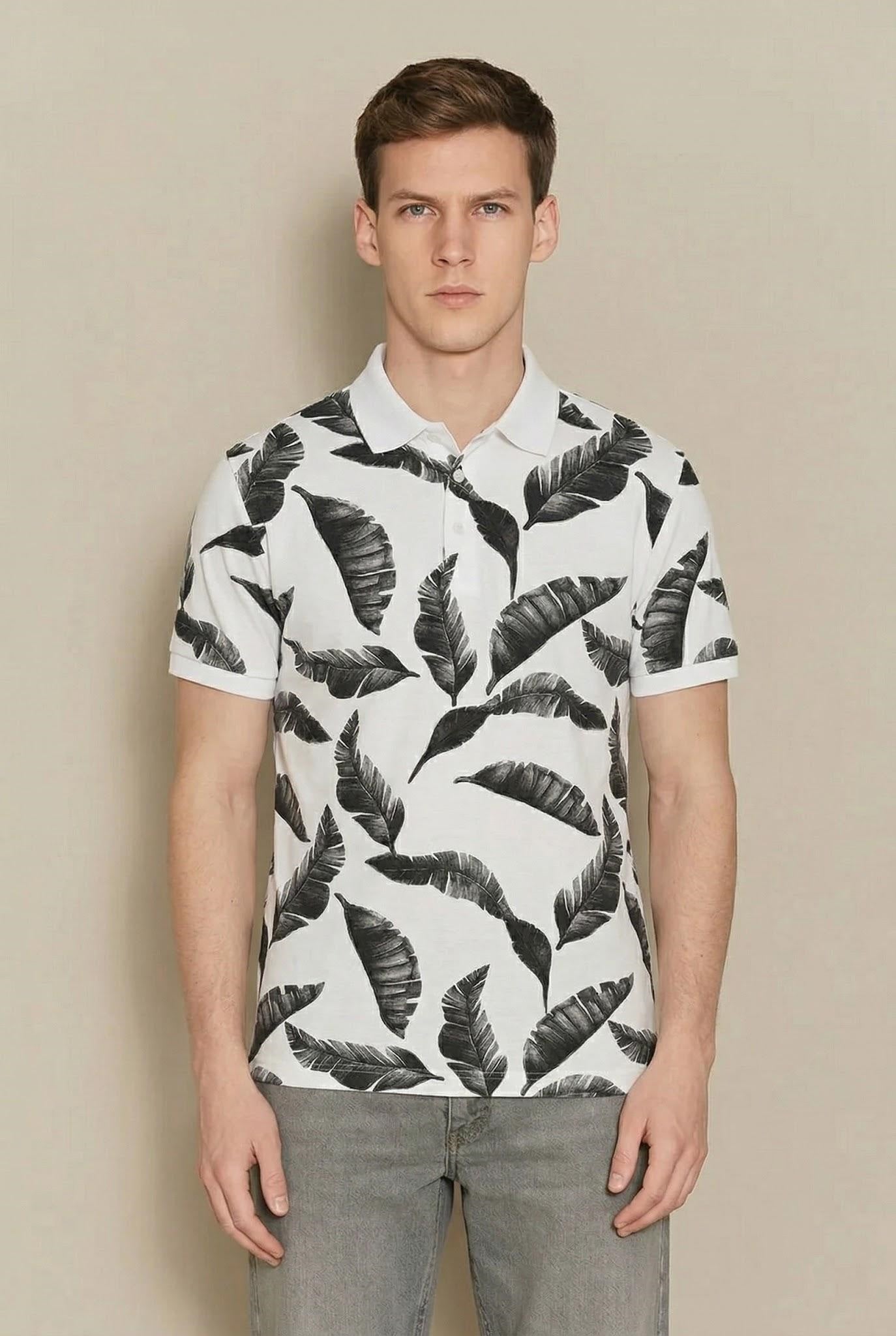Men Charcoal Floral Printed Polo Collar Tropical T-shirt