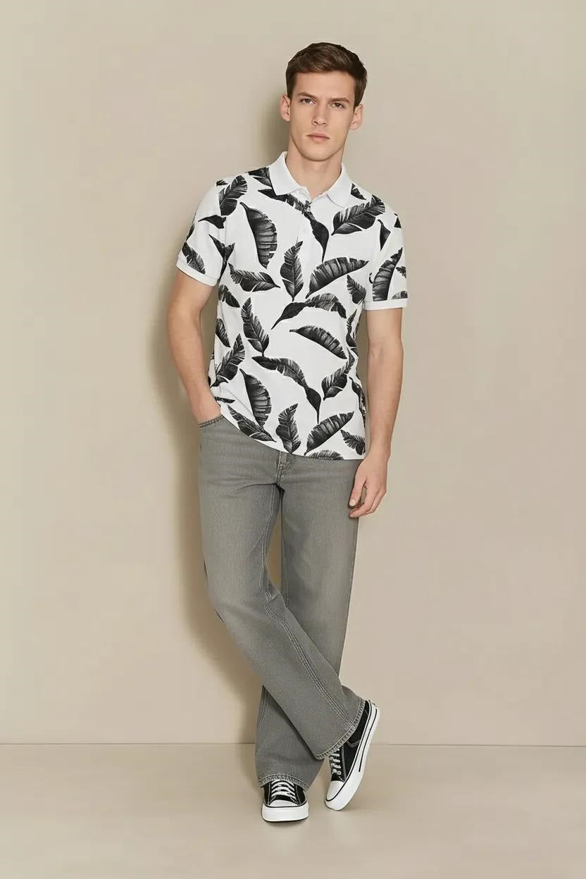 Men Charcoal Floral Printed Polo Collar Tropical T-shirt