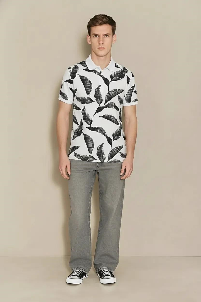 Men Charcoal Floral Printed Polo Collar Tropical T-shirt